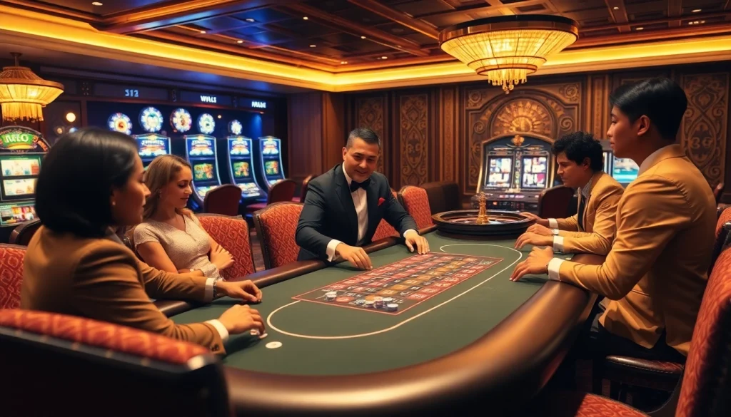 Go8 casino players strategizing over a high-stakes poker table in a luxurious setting