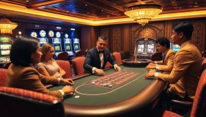 Go8 casino players strategizing over a high-stakes poker table in a luxurious setting