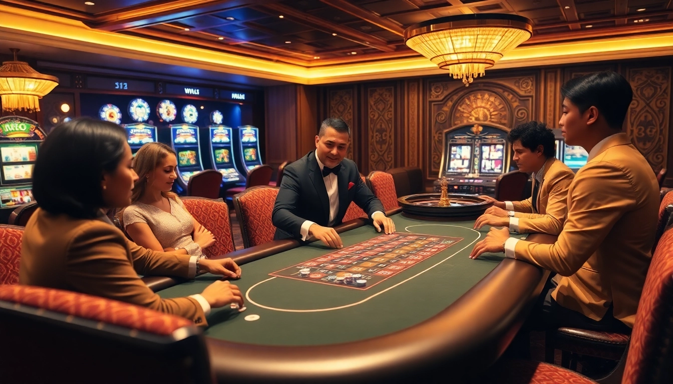 Go8 casino players strategizing over a high-stakes poker table in a luxurious setting