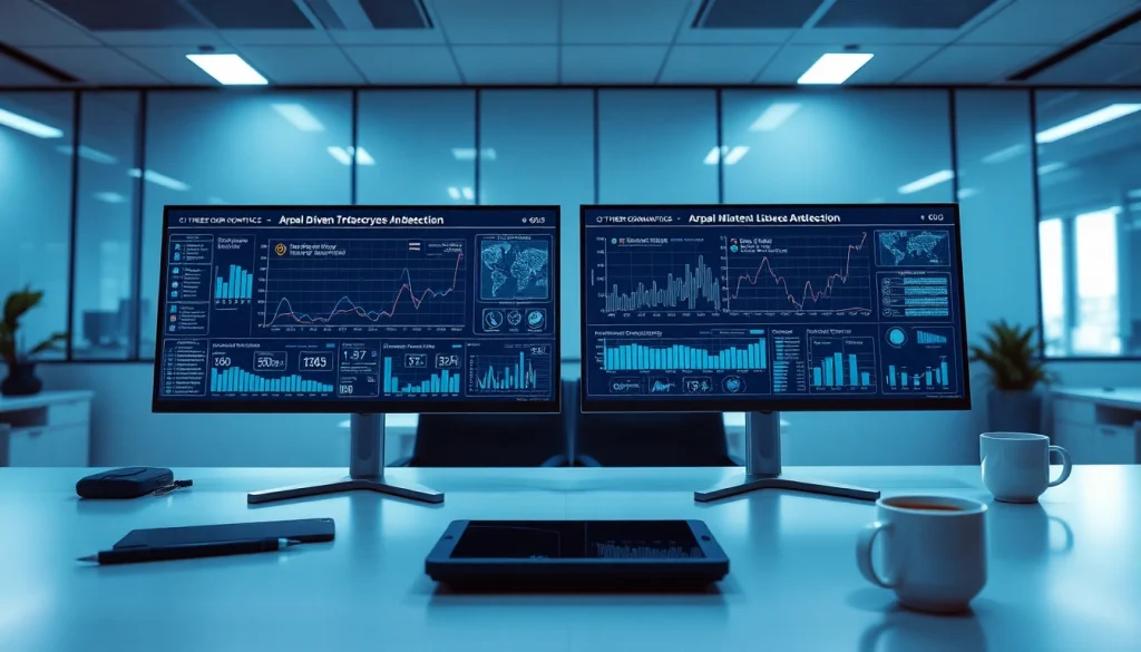 Advanced cybersecurity AI tools displayed on dual monitors in a professional workspace.