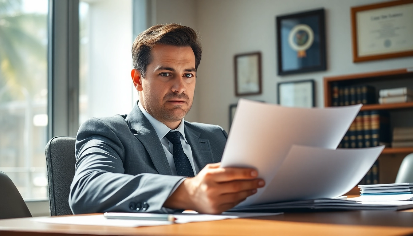 Broward County litigation lawyer reviewing documents in a professional office setting.