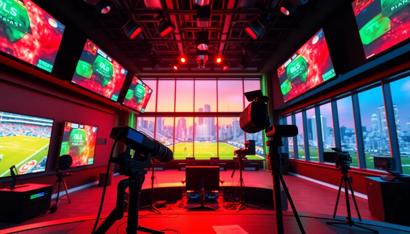Captivating scene of sports broadcasting with vibrant screens and modern studio equipment.