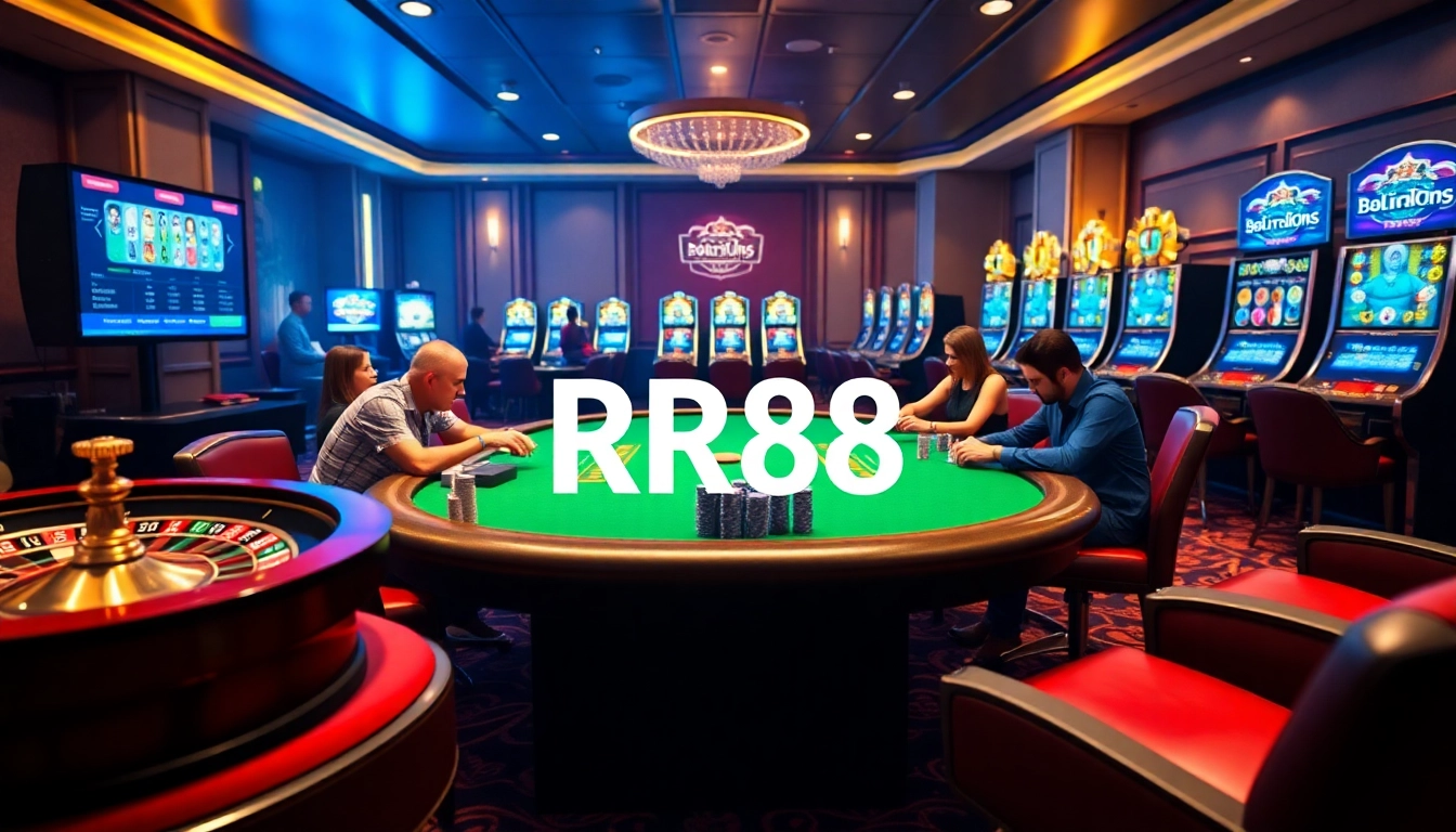 RR88 poker table scene with vibrant chips and spinning roulette wheel