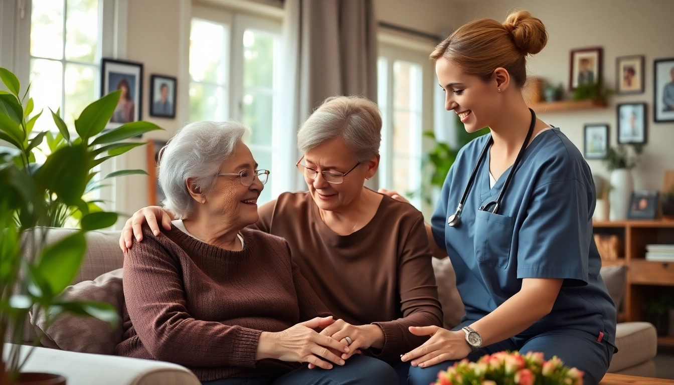 Engaging austin senior home care professional helping a senior woman in a cozy living room.