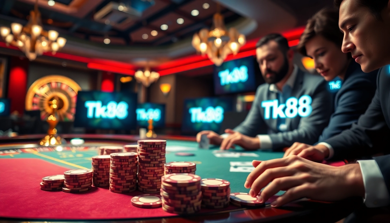 Experience thrilling gameplay with Tk88 at a high-stakes poker table filled with chips and cards.
