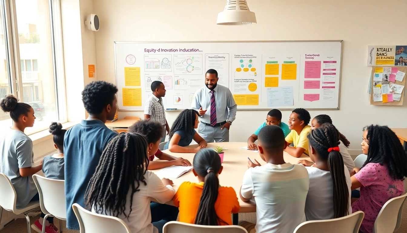 Education-focused classroom scene promoting equity and innovation with diverse students collaborating.