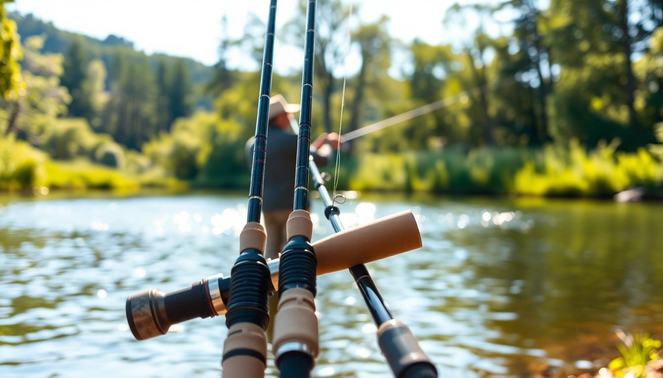 Showcasing the best fly fishing rods amidst a peaceful lakeside scene with a fisherman casting.