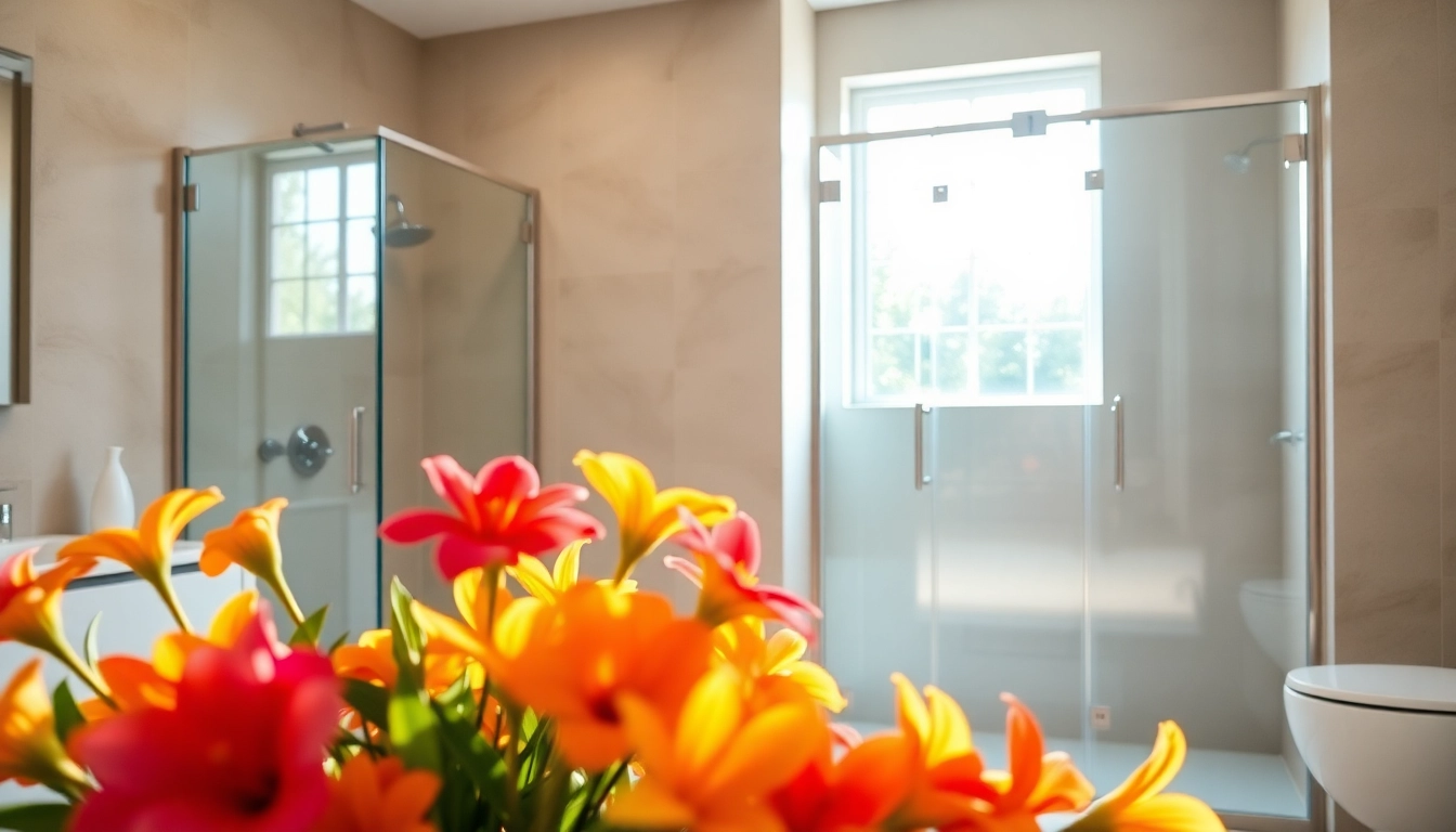 Show elegant sunney shower doors in a modern bathroom with floral decor.