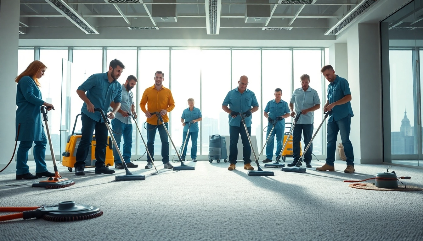 Team performing commercial carpet cleaning highlights professionalism and teamwork in a bright office.