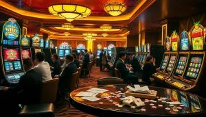 Aksi Slot Depo Pulsa tampak dengan pemain yang bersemangat dan mesin slot berkilau di kasino mewah.