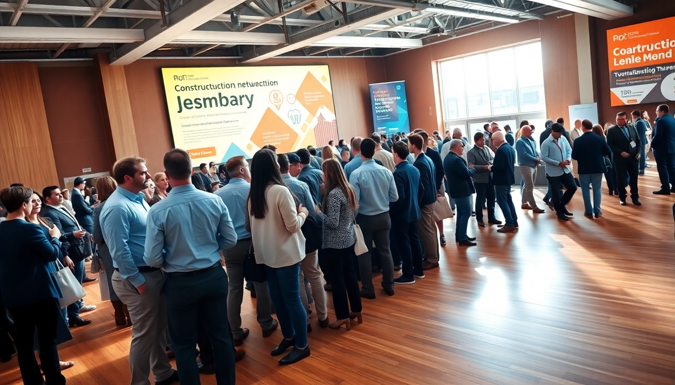 Attendees actively participating in construction networking events in a bustling conference environment.