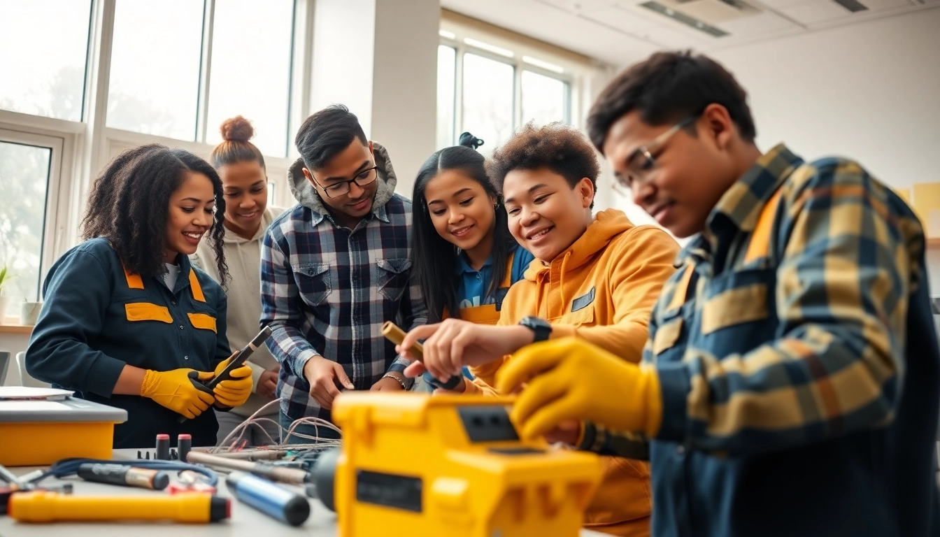 Students at an electrician trade school Colorado engaging in practical training.