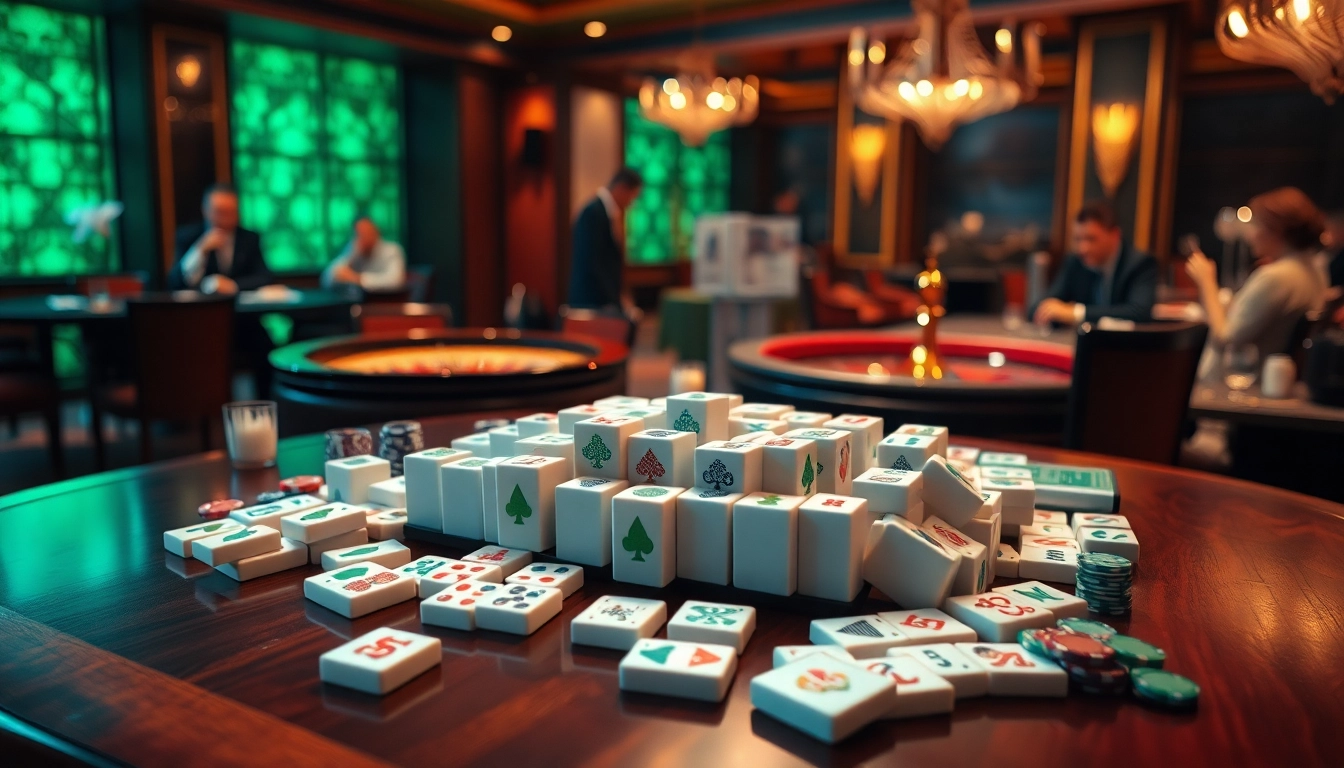 Engage with link mahjong in a luxurious casino setting, showcasing an elegant game of tiles.