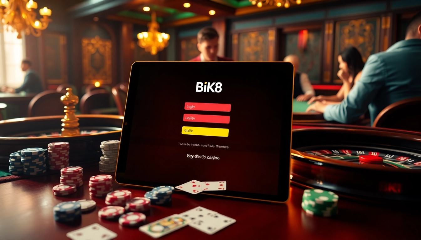 Engage with the BK8 login interface amidst an exciting casino ambiance filled with poker chips and roulette wheels.