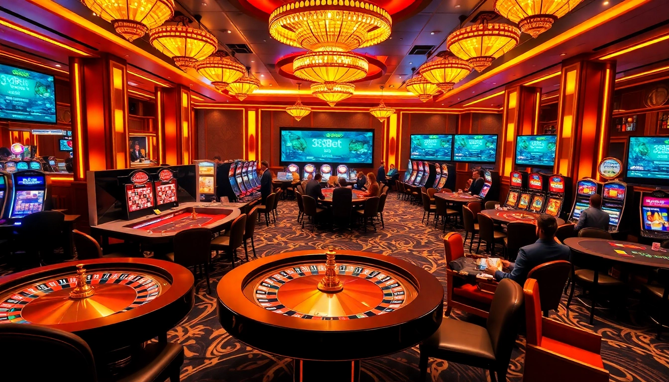 Players enjoying games at 388bet's luxurious casino tables filled with excitement.