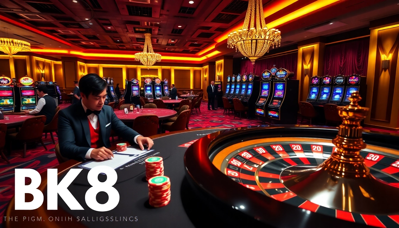 Engaging scene of BK8 featuring luxurious casino elements with eager gamblers at tables.