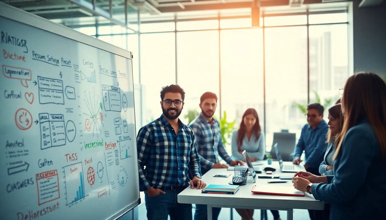 Team collaborating on website strategies at https://buyingst.com in a modern office space.