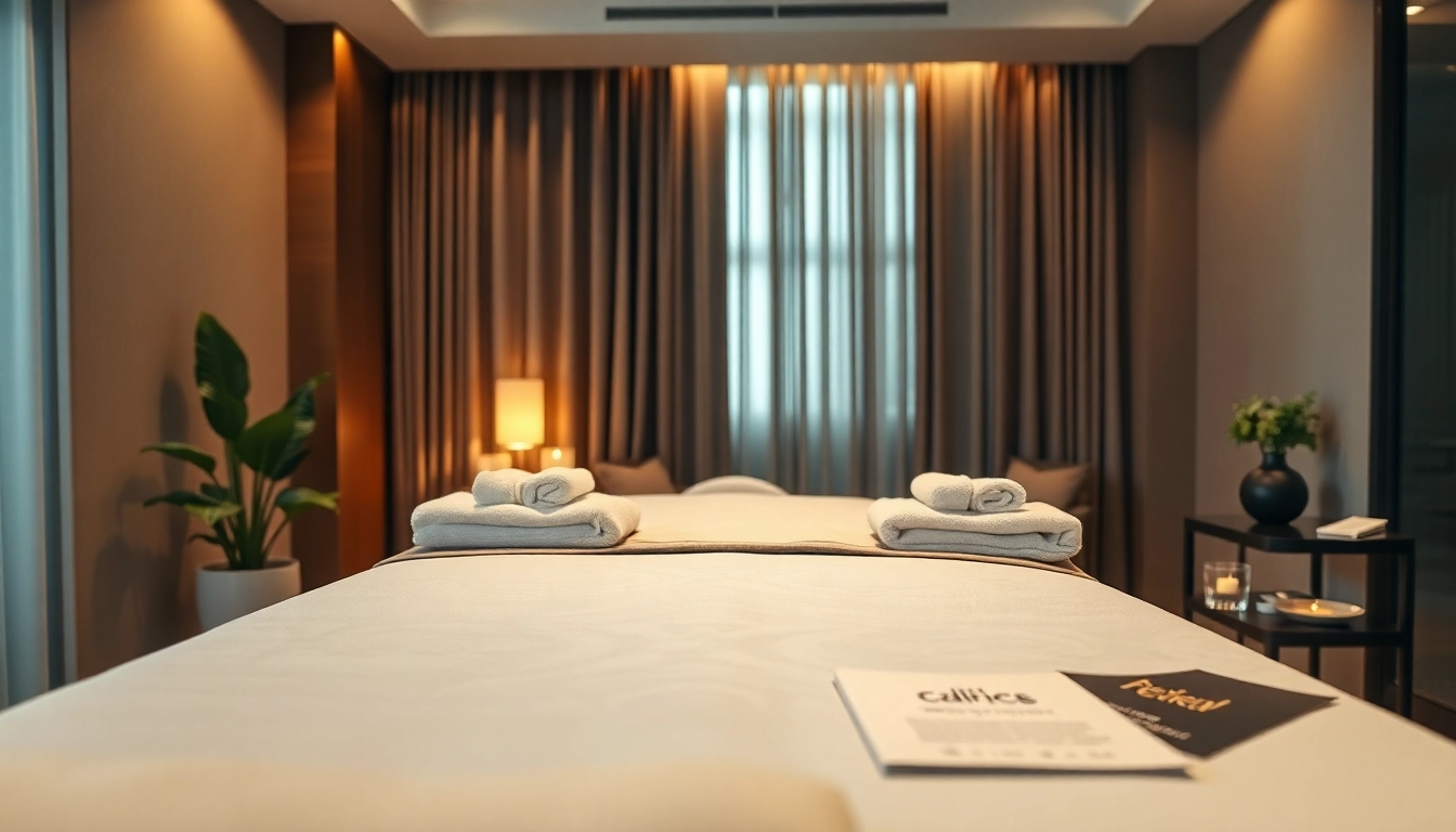 출장마사지 setup in a luxurious hotel room, featuring a massage table, essential oils, and a calming atmosphere.