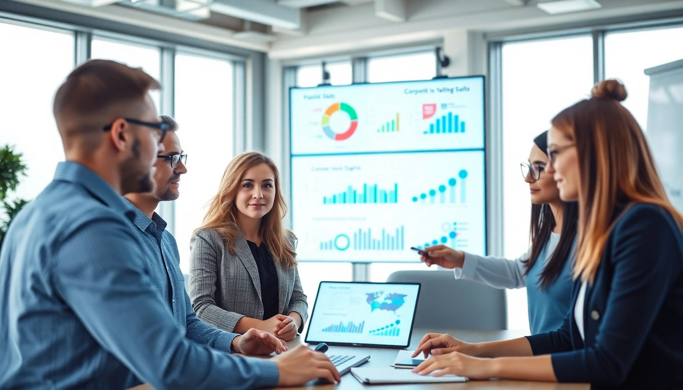 Analyze competitive intelligence for sales with a focused business team in a modern office.