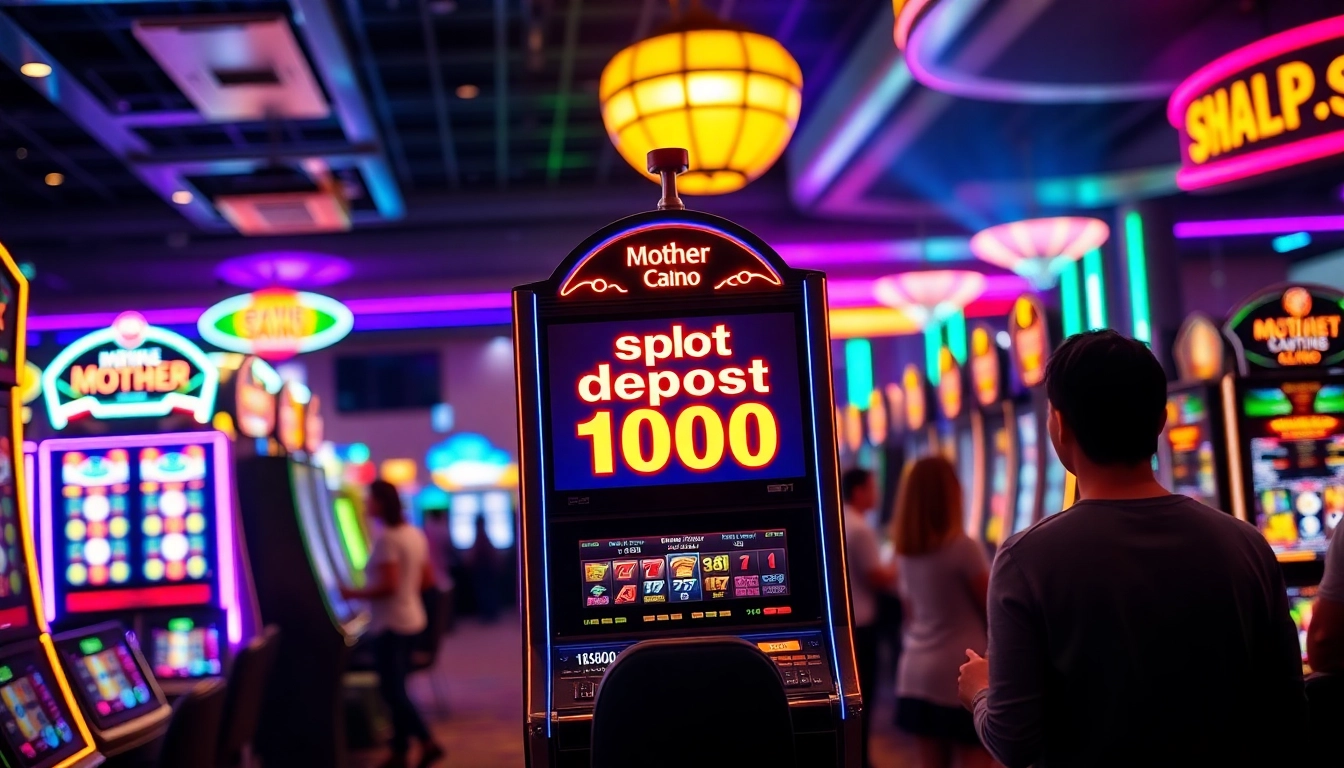 Menggambarkan keseruan pemain di kasino saat memainkan slot deposit 1000 dengan suasana meriah.