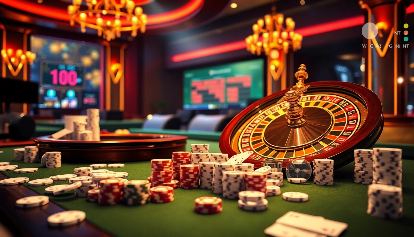 C54.gb.net offers an exciting online casino experience featuring roulette wheels, poker chips, and vibrant game tables.