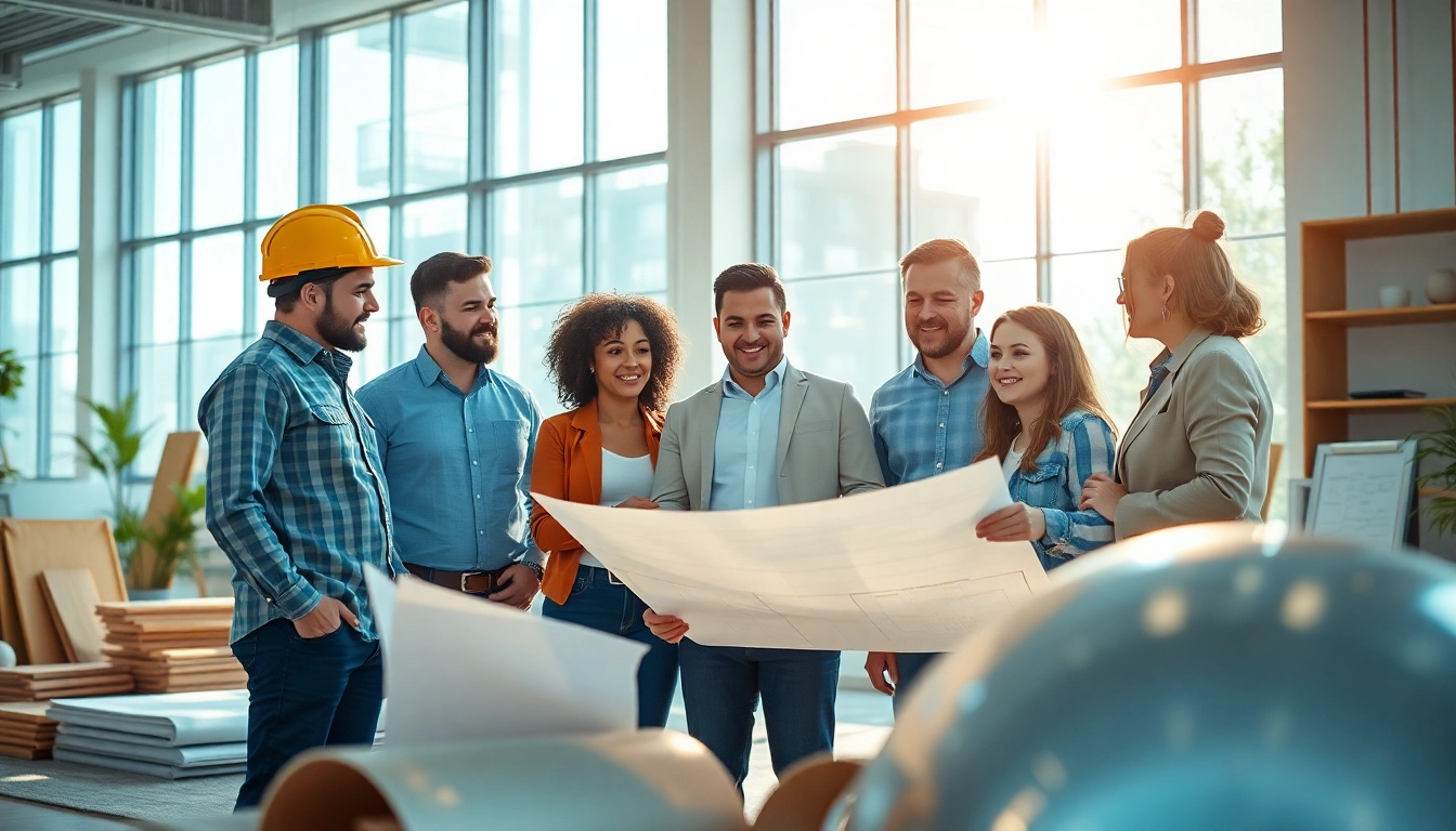 Collaboration among southern california contractors association members analyzing blueprints and construction plans.