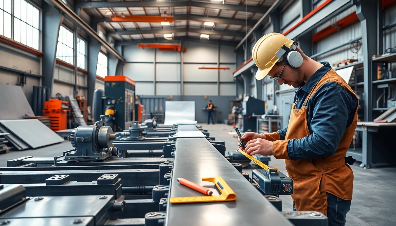 Technician engaged in custom steel fabrication with precision tools and vibrant workshop backdrop.