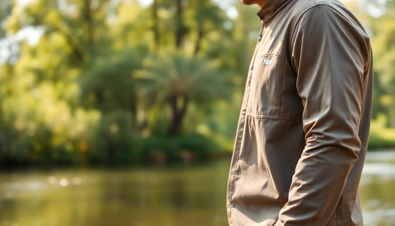 Model showcasing stylish Fly fishing apparel in a serene outdoor setting.