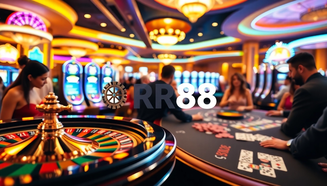 Players enjoying high-stakes gaming at RR88 casino, featuring roulette and poker tables.