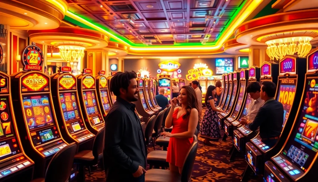 Pengalaman perjudian di kasino mewah yang menampilkan mesin slot Depo 1000 dan pemain yang gembira.