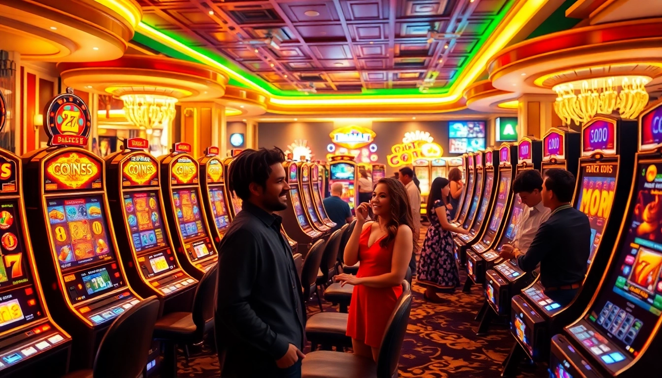 Pengalaman perjudian di kasino mewah yang menampilkan mesin slot Depo 1000 dan pemain yang gembira.