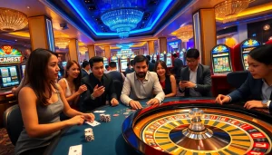 Players enjoying the GO 88 gaming experience with poker chips and vibrant roulette wheels.