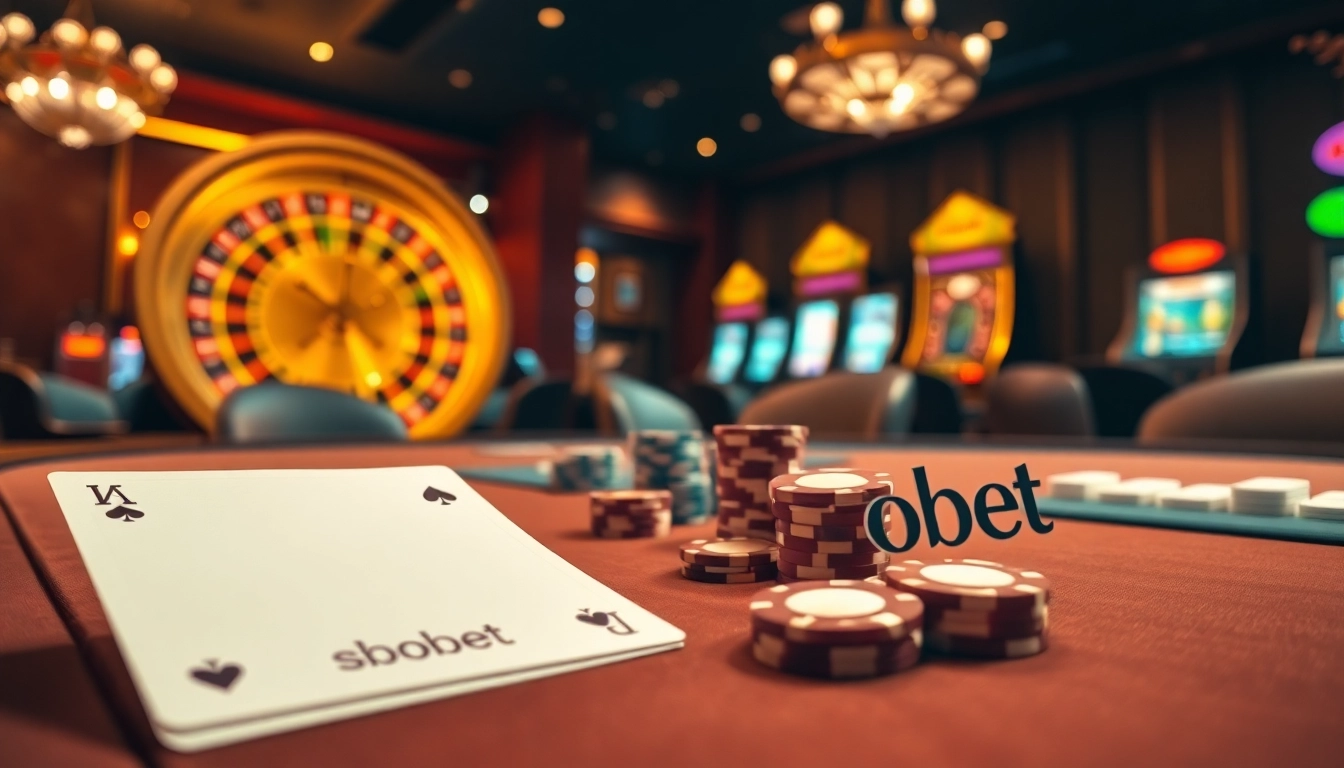 Experience sbobet betting with vibrant casino tables and dynamic poker chips in a luxurious setting.