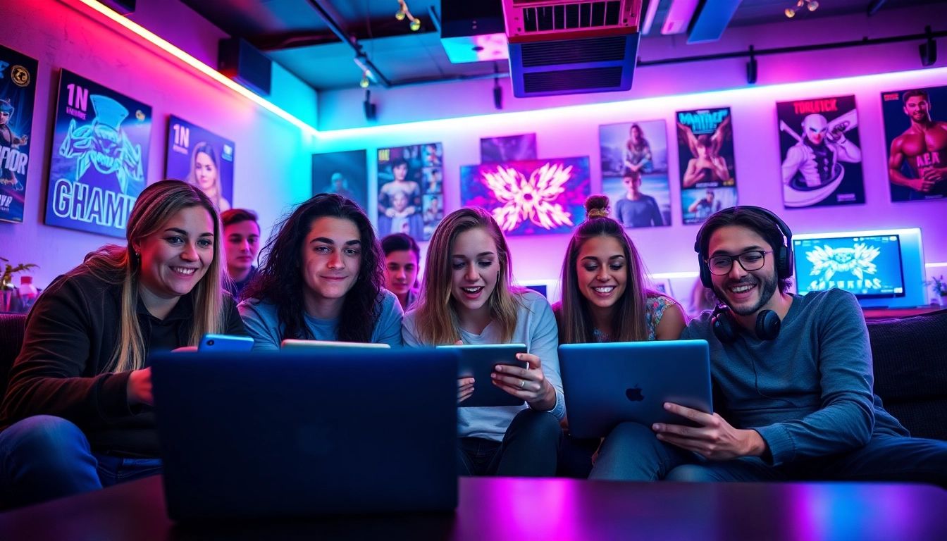 Exciting gaming scene showcasing diverse players enjoying free porn games in a vibrant lounge atmosphere.