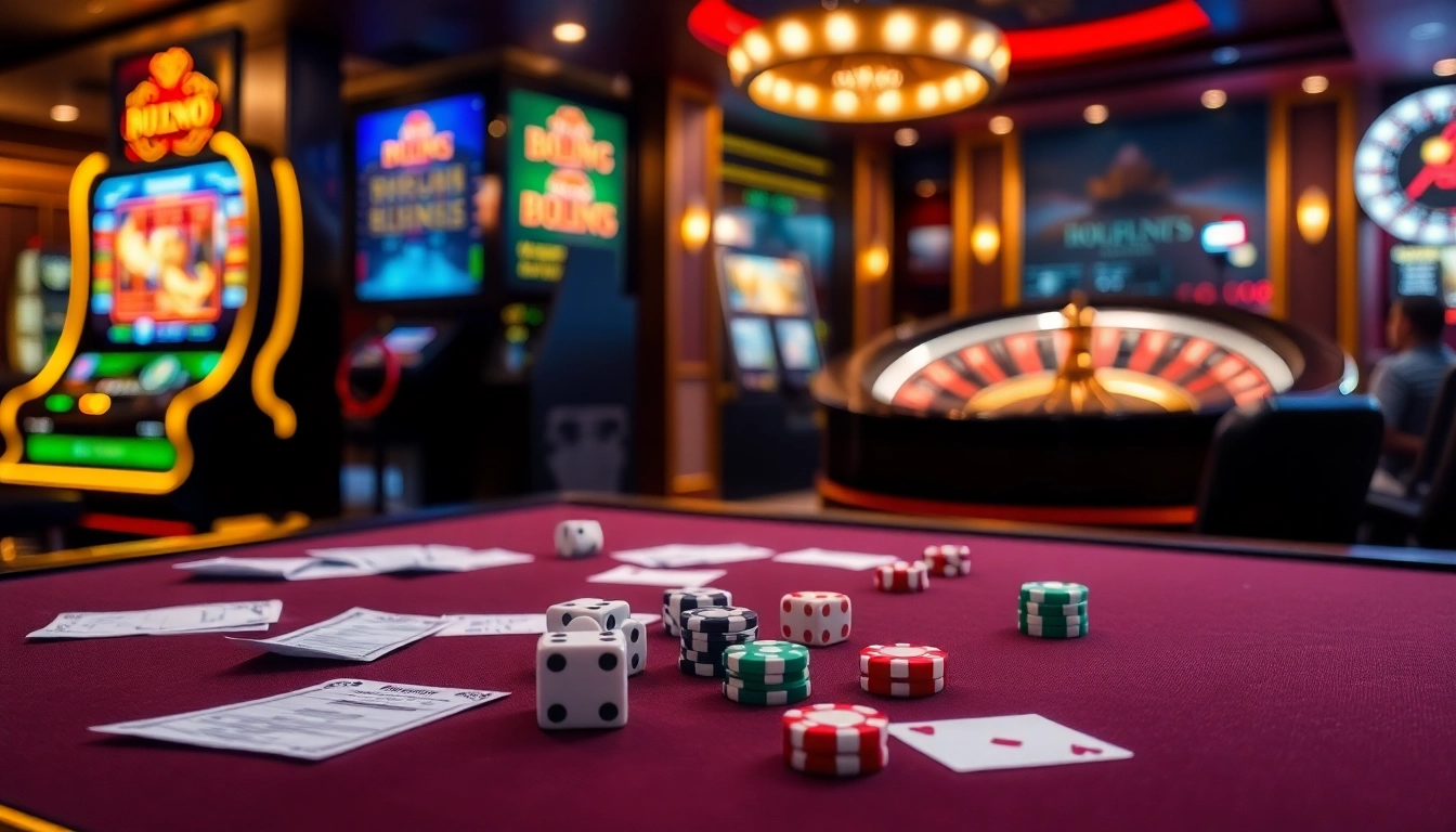 Adegan situs deposit 5k dengan mesin slot yang berwarna-warni dan aktivitas poker di kasino mewah.