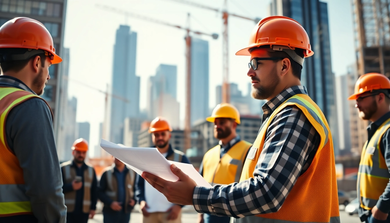 New York City Commercial General Contractor leads a dynamic construction site with blueprints and machinery.
