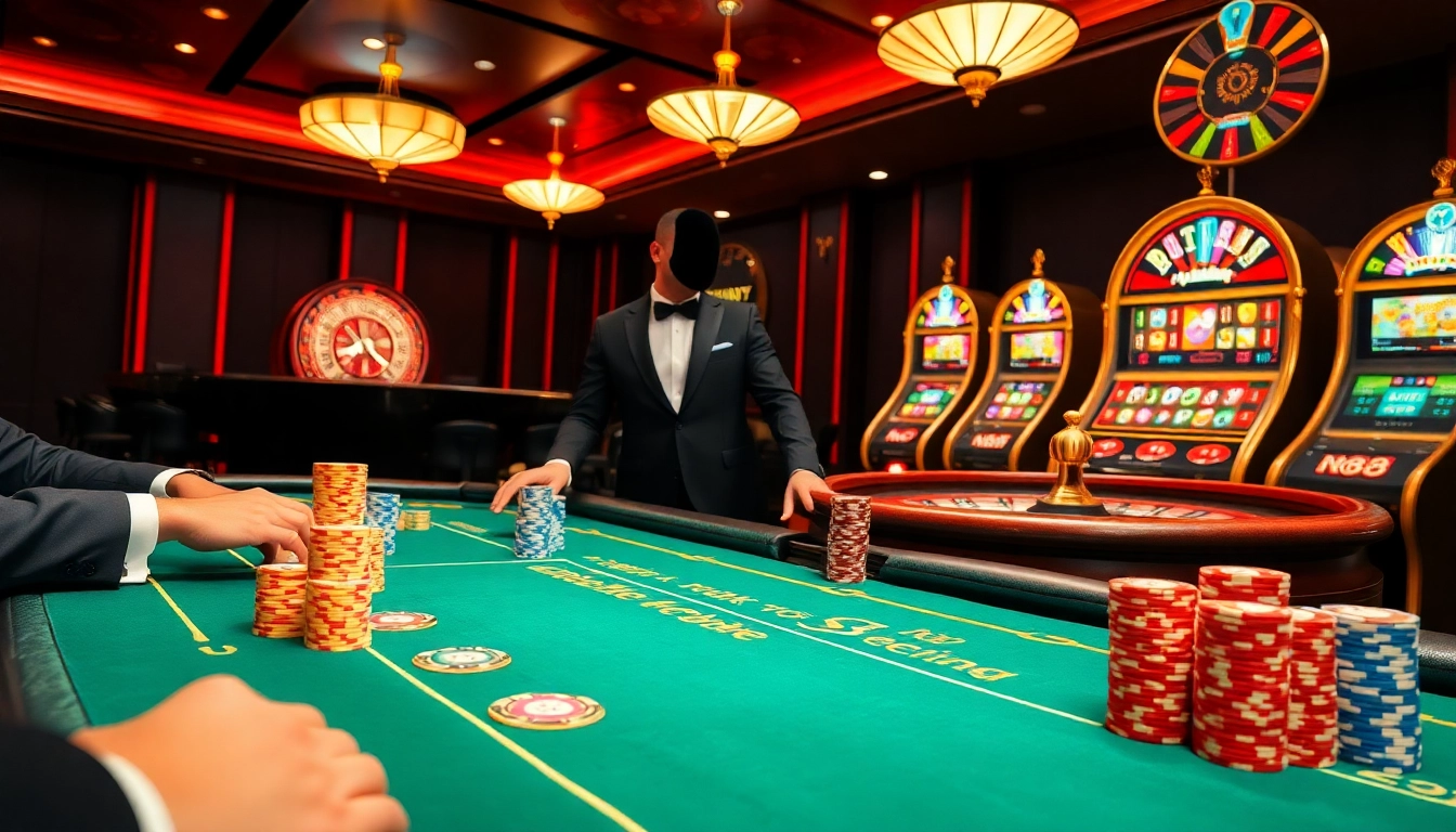 Experience the thrill of the nk88 casino scene with luxurious poker tables and vibrant slot machines.