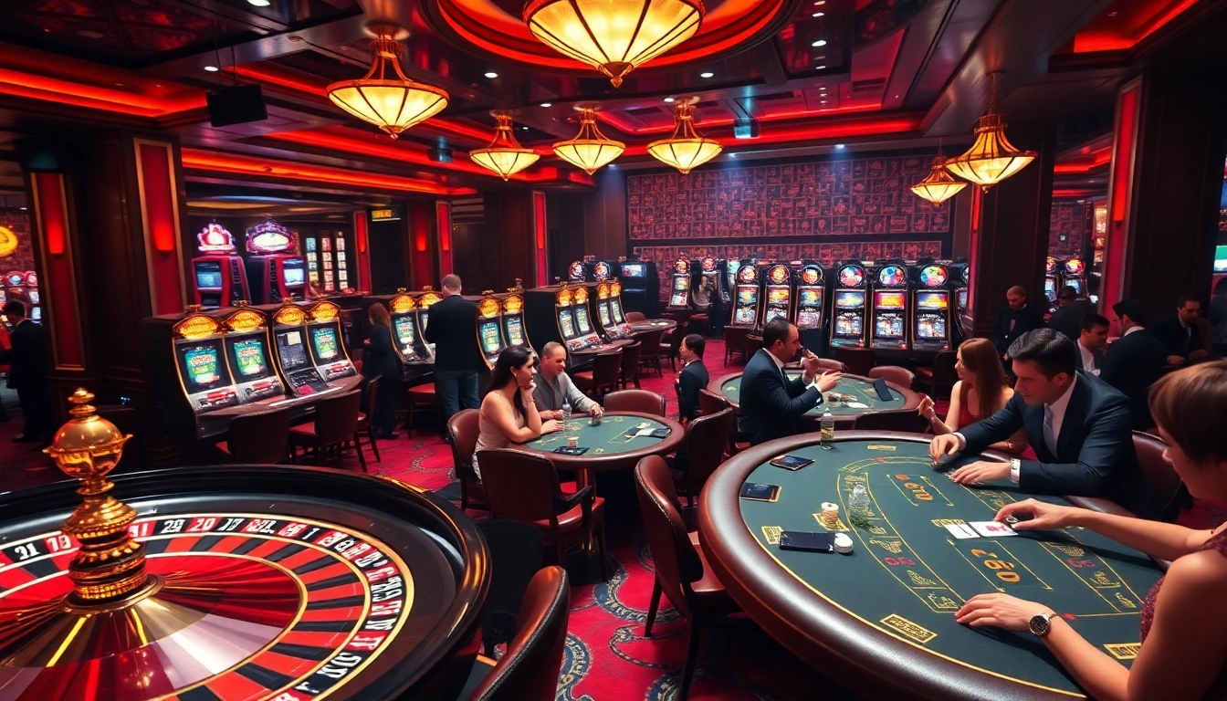 Players enjoying vibrant gaming experiences at bk8th casino with roulette and poker tables under luxury lighting.