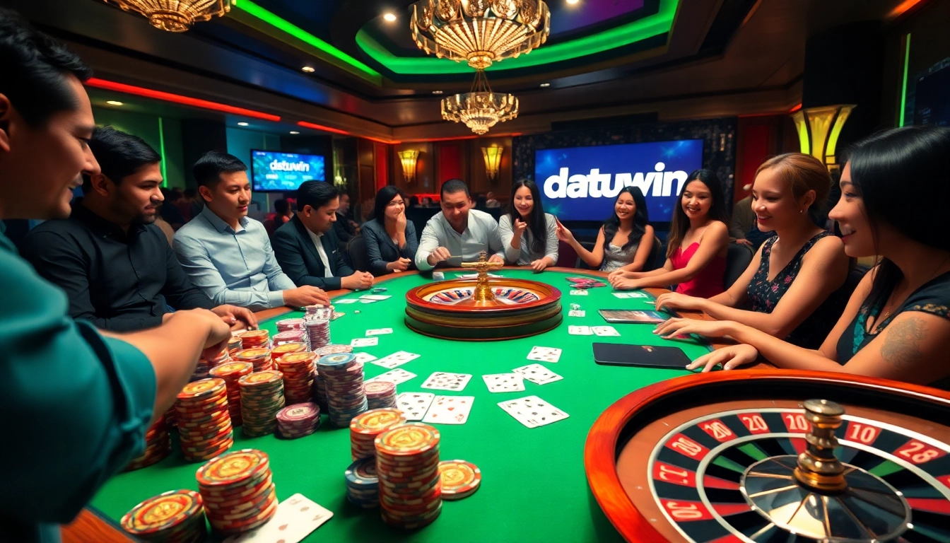Para pemain menikmati permainan yang mendebarkan di meja kasino mewah dengan opsi taruhan datukwin.