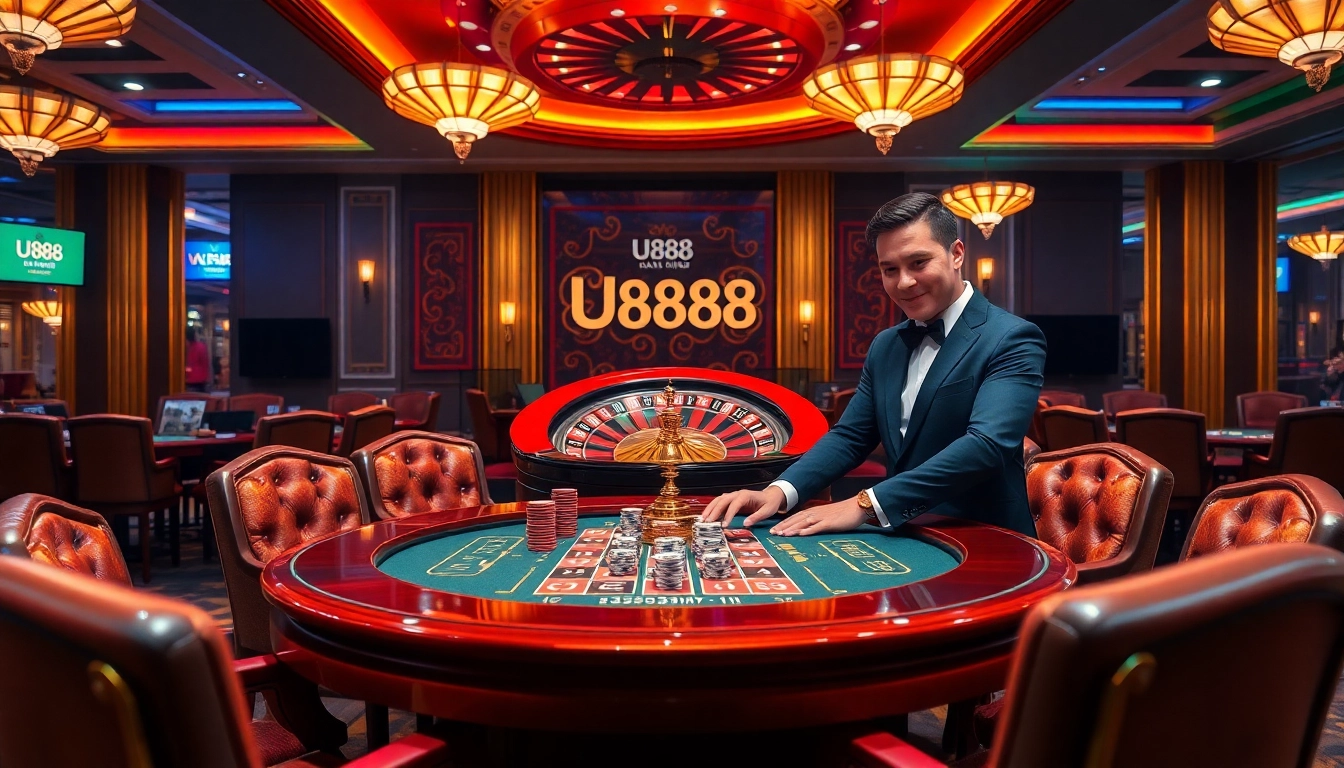Experience the thrill of U888 with a vibrant casino scene featuring poker and roulette.