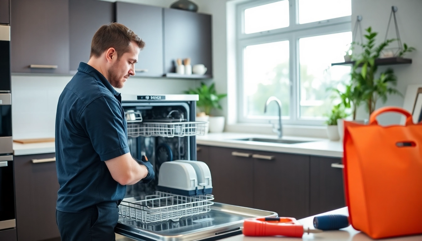 Technician performing BOSCH dishwasher repair with professional tools in a modern kitchen