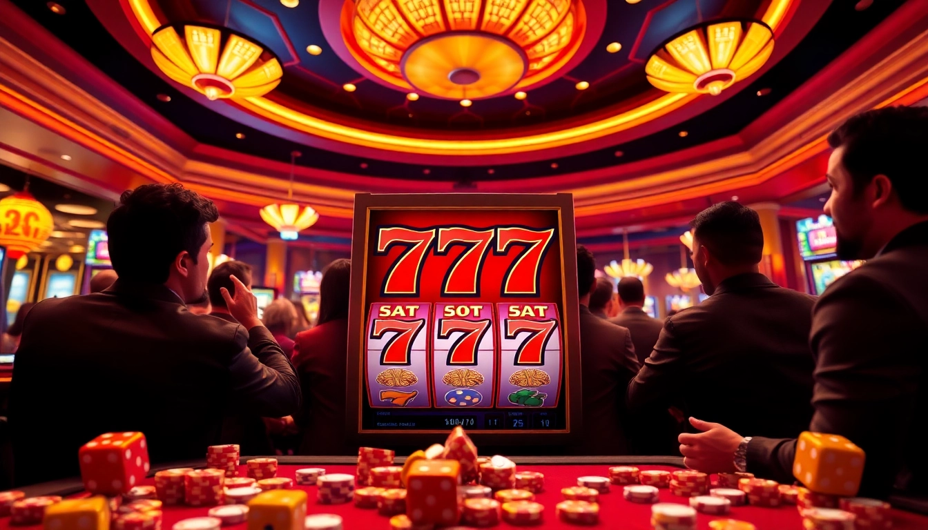 Players celebrating a win at the seven77 slot machine in a vibrant casino.