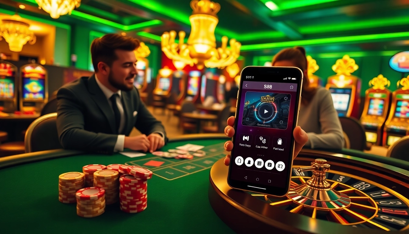 S8 casino scene with poker table, roulette wheel, and slot machines exuding luxury.