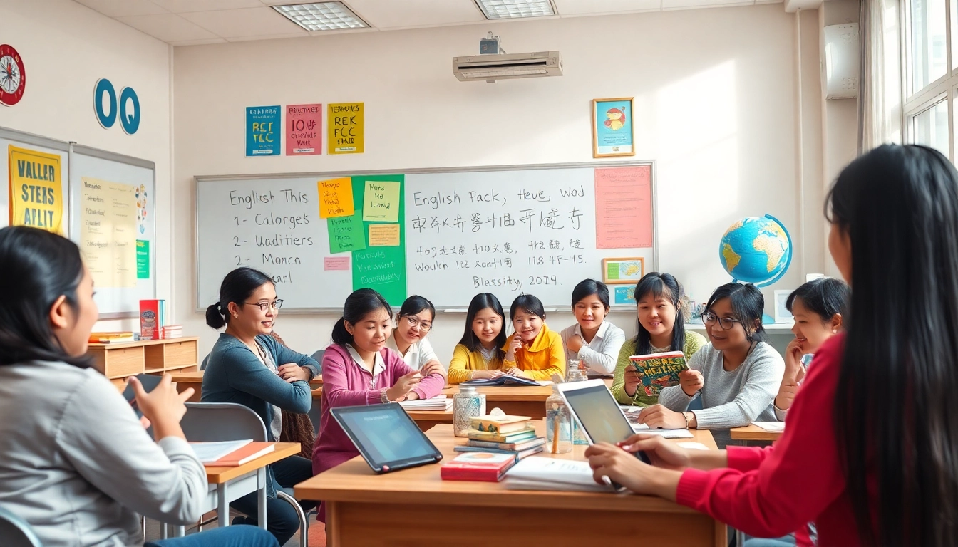 英語学習のためのQQイングリッシュ クーポンを紹介する、活気ある教室のシーン。