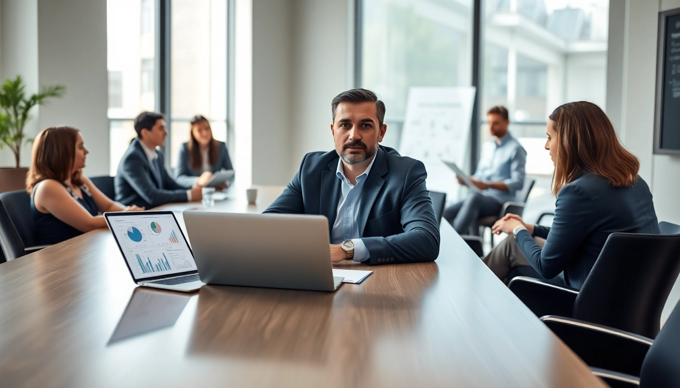 Crisis management consultant leading a strategic session with a diverse team and modern technology.