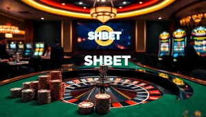 SHBET's vibrant casino scene featuring roulette, poker chips, and online gambling excitement.
