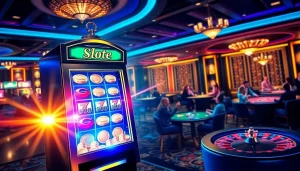 Pemain yang antusias berinteraksi dengan mesin 'slot depo pulsa' di kasino mewah.