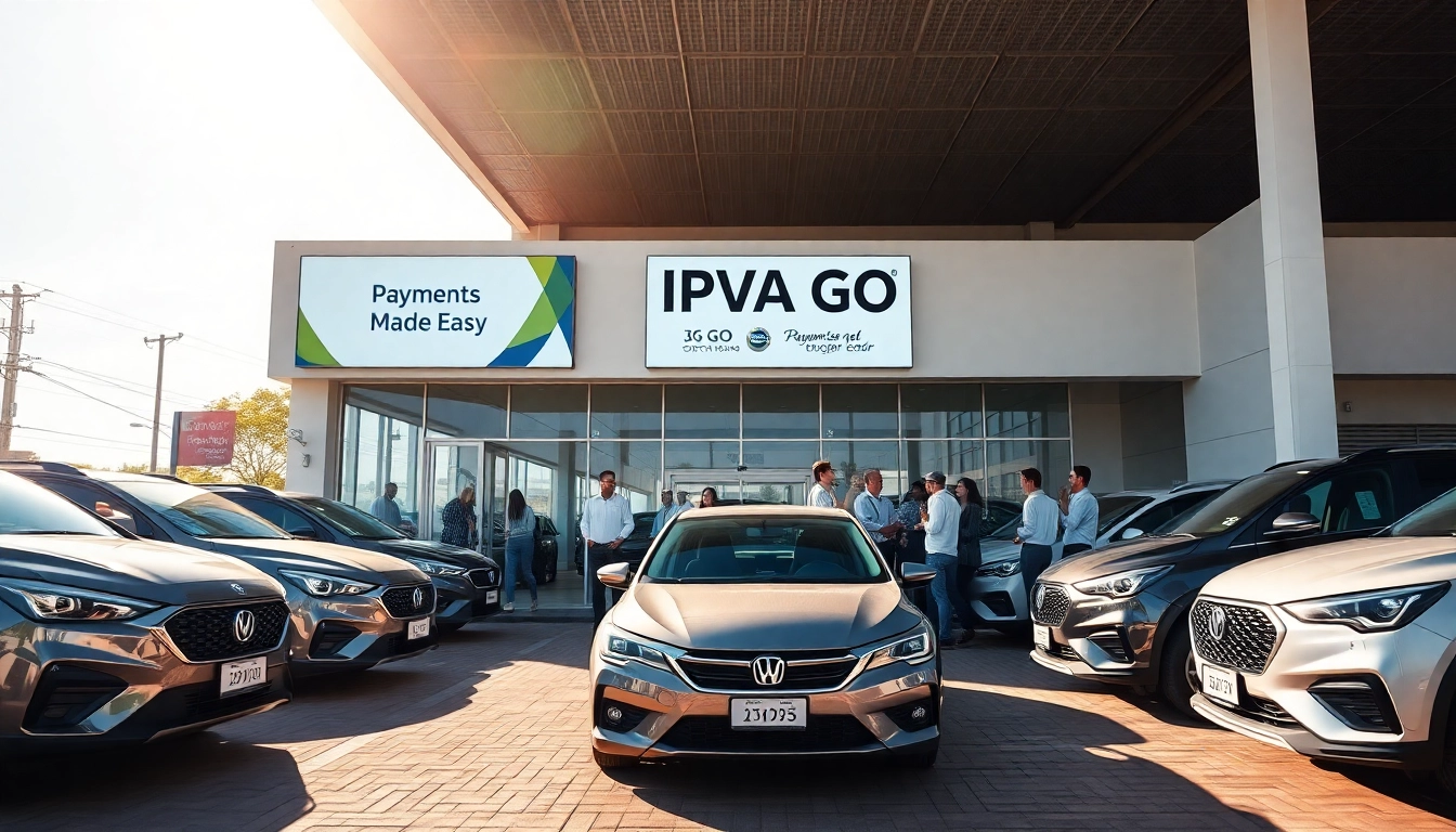 IPVA GO - modern car dealership in Goiás with vehicles and customers.