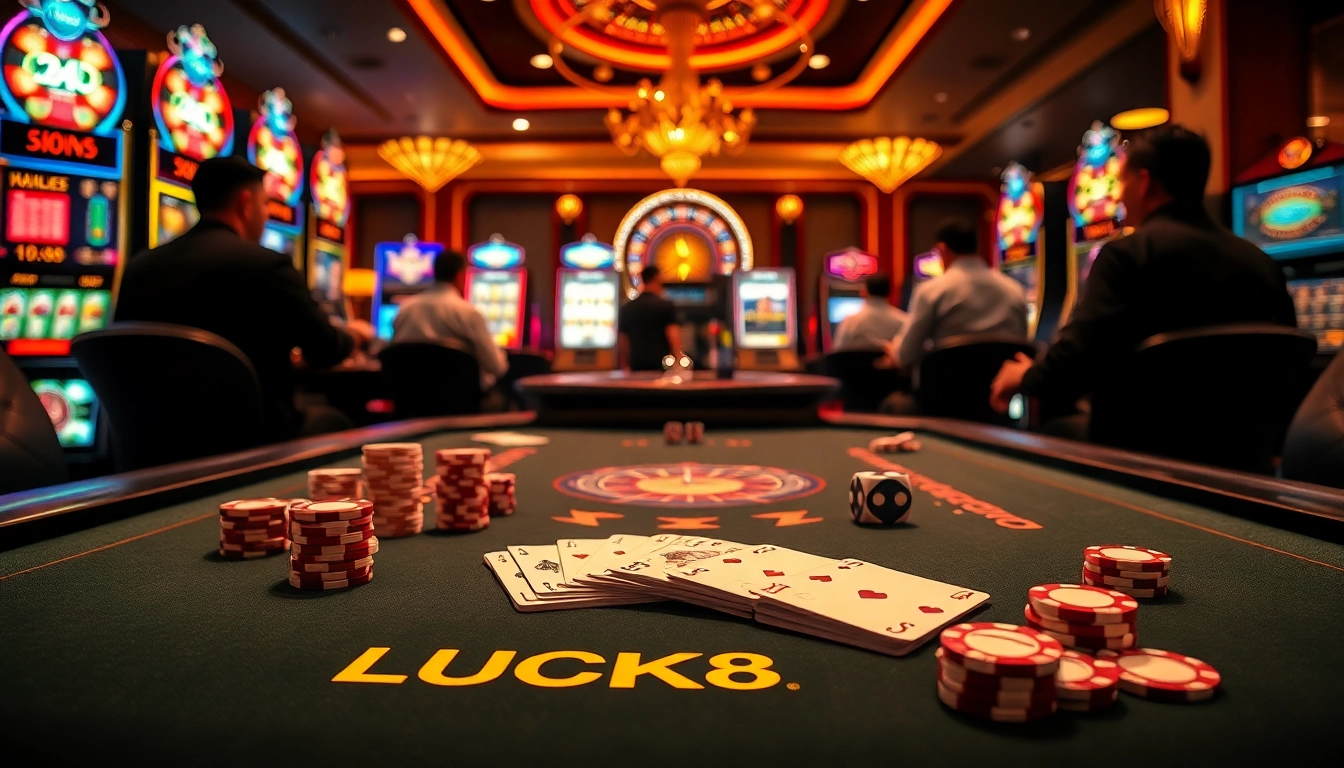 Trải nghiệm cảm giác hồi hộp tại LUCK8 với các trò casino sống động, những chiếc chip poker đầy màu sắc và sự tham gia hứng khởi của người chơi.