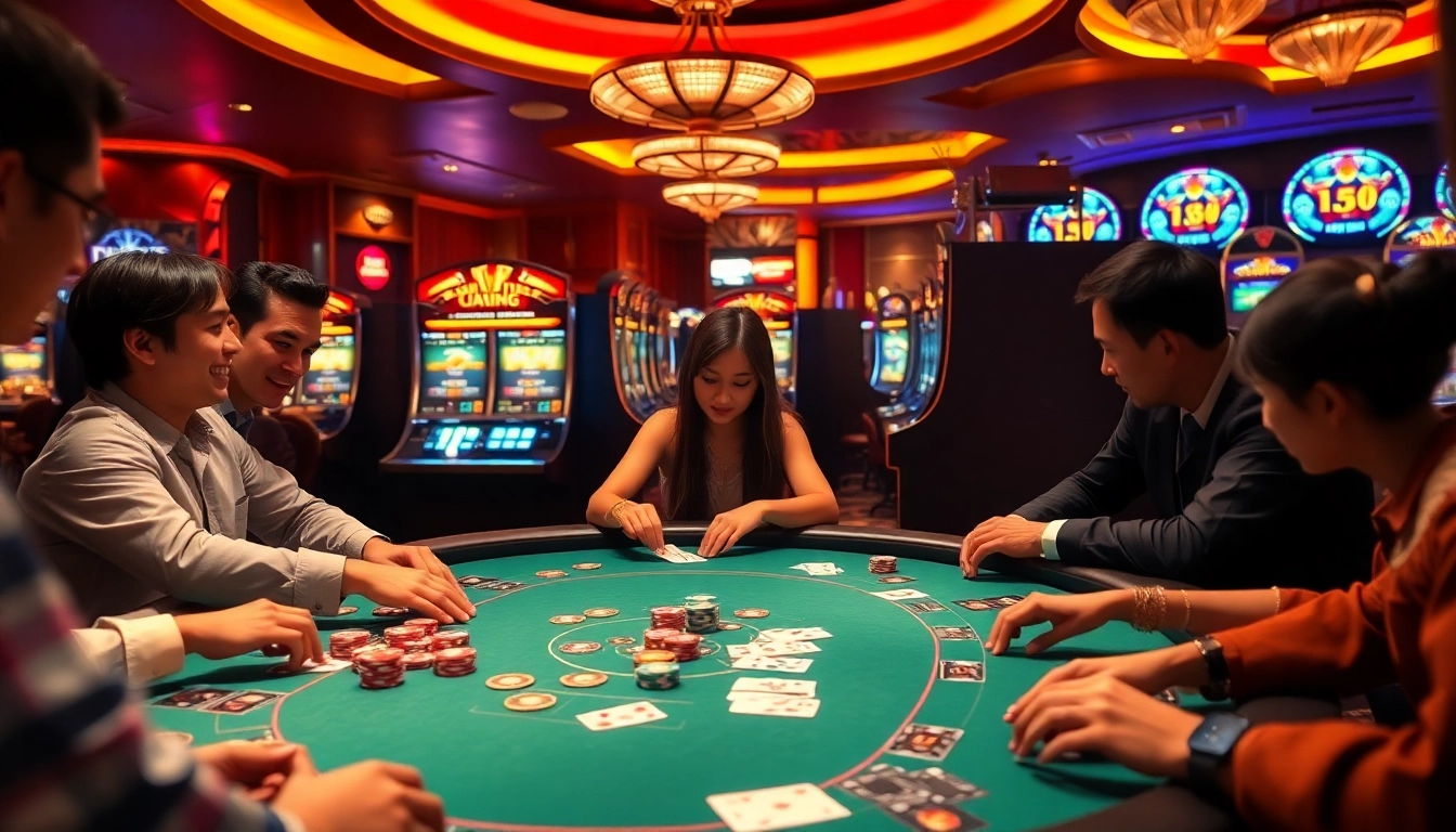 Engage in the exhilarating rikvip game bài đổi thưởng at an upscale casino table with vibrant chips and cards.